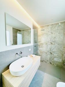 a bathroom with a sink and a shower at Ampio, Luminoso, Centro Bassano in Bassano del Grappa
