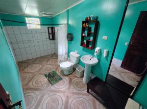 a blue bathroom with a toilet and a sink at Vista Drake Lodge in Drake Bay Airport