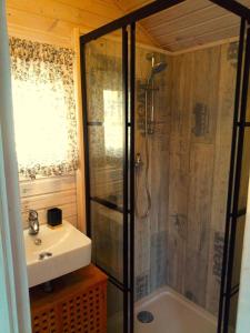 a bathroom with a shower and a sink at Maringotka Matylda in Libčeves +24 photos