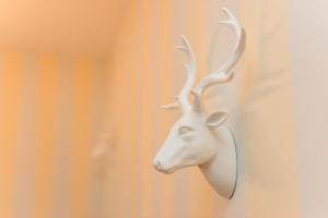 a white head of a deer head on a wall at Haus Oland Wohnung 21 in Wyk auf Föhr +19 photos