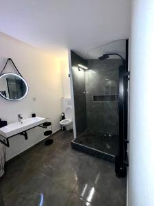 a bathroom with a shower and a sink and a toilet at Cozy apartment in Riom