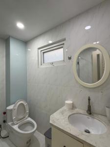a bathroom with a toilet and a sink and a mirror at Crab Bui Vien Homestay in Ho Chi Minh City +18 photos