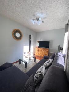 Una sala de estar con un sofá y un televisor. en 2 bed room apartment , sea view, 10 minutes walk to the beach, en Ribeira Brava