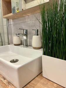 lavabo blanco en un baño con maceta en ADM Cozy Apartment in City Center - Netflix, Coffee, AC, en Bratislava 6 fotos más