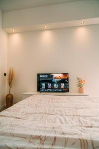 a bedroom with a bed with a flat screen tv on the wall at La Casa de Moerkapel in Moerkapelle
