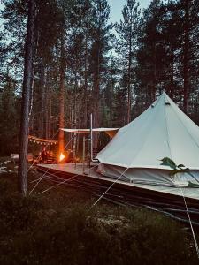 een witte tent midden in een bos bij Foskvallen Lodge in Särna