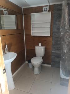 a bathroom with a toilet and a sink at Cabaña Renacer a 10 min del aeropuerto in Puerto Montt +4 photos