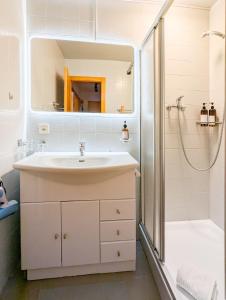 a bathroom with a sink and a shower at Cosy Centered with Garden and View in Veysonnaz in Veysonnaz