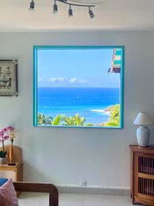 德赛Espace Harmonie Deshaies - Vue Mer & Piscine Panoramique的客厅设有大窗户,享有大海美景