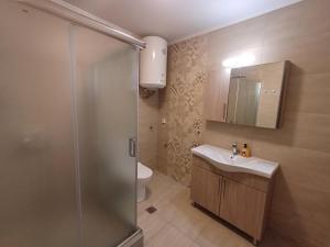 a bathroom with a shower and a sink and a toilet at Athinas Residence in Myrina