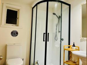 une salle de bain avec une douche avec des toilettes et un lavabo dans l'établissement Wattle Creek Cottage with Breakfast Basket, à Amberley