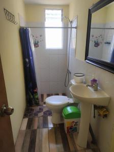 Un baño con un inodoro blanco y un lavabo. en Alojamiento Miguel y Lily, en El Tabo