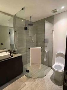 a bathroom with a shower and a toilet and a sink at Colonia Americana Vista Home in Guadalajara