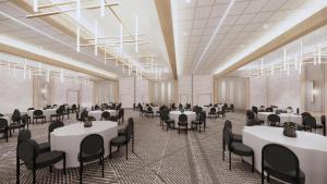明尼阿波利斯Sheraton Minneapolis Downtown Convention Center的宴会厅效果图，配有桌椅