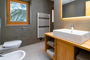 een badkamer met een wastafel, een toilet en een spiegel bij Pederü in San Vigilio Di Marebbe +57 foto's