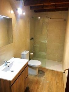 a bathroom with a toilet and a sink and a shower at Casa do Henrique in Bragança
