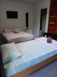 2 camas en un dormitorio con TV en la pared en Apartahotel los cactus, en David