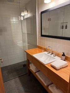 a bathroom with a sink and a shower at El Pedregoso Flights & Lodge in Cholila +15 photos