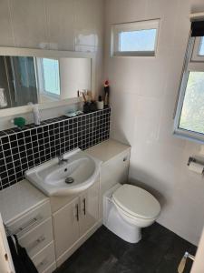 a bathroom with a toilet and a sink at Charming 2-Bed Chalet in Selsey +8 photos