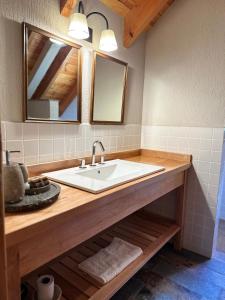 a bathroom with a sink and a mirror at El Pedregoso Cabaña del Lago in Cholila