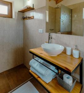 een badkamer met een wastafel, een spiegel en handdoeken bij Berberis Apart in El Chalten