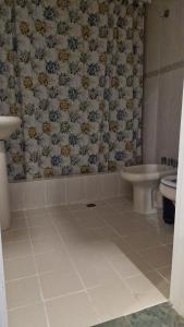 ein Badezimmer mit Waschbecken, Toilette und Duschvorhang in der Unterkunft Casa Chalet Lamar alojamiento entero in Santa Clara del Mar