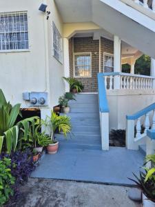 a house with a blue staircase in front of it at Dominic Apt at Mt Hartman in Golflands