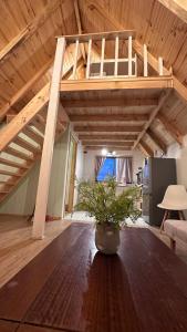 a room with a table with a potted plant on it at Cabañas RyL2 in Puerto Montt