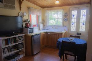 a kitchen with a table and a television and a table and chairs at Rose Petal Cottage Quaint Studio In Ballarat in Ballarat