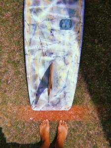 a person standing on the grass next to a surfboard at Casa Floripanah in Palhoça