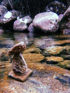 a teddy bear sitting on a rock in the water at Casa Floripanah in Palhoça