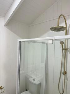 a white bathroom with a shower and a toilet at Kingdom Cottages in Gulgong +36 photos