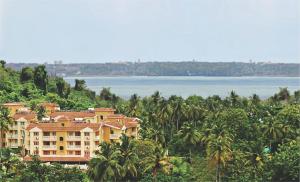 a building on a hill with palm trees and a body of water at Sandalwood Hotel & Suites in Panaji