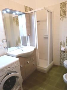 a bathroom with a sink and a washing machine at Appartamento 2 Residenza RODODENDRO in Campitello +13 photos