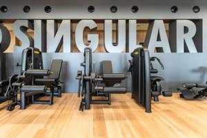 a gym with rows of chairs in front of a sign at Luxusyacht Mallorca in Portals Nous