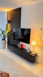 a living room with a large flat screen tv on a wall at RelaxDays-Apartments 2 GARTEN und POOL- Mitbenutzung, kostenloser Parkplatz, kontaktloser CheckIn, WiFi mit SmartTV in Gütersloh