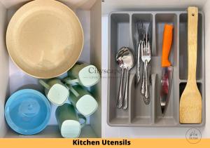 a tray with utensils and a pan and utensils at Alinea Suites Shah Alam Seksyen 14 by Cityscape in Shah Alam