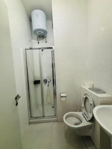 a bathroom with a shower and a toilet and a sink at Sea side beautiful One bedroom apartment in St Julian's