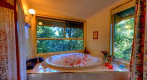 a bathroom with a large tub with a window at The Falls Montville in Montville