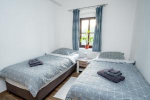 a bedroom with two beds and a window at Lúdas Matyi Vendégház in Kastélyosdombó