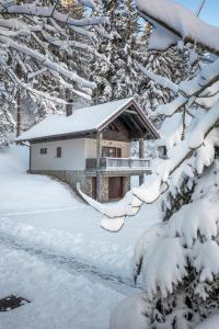 ein Haus im Schnee mit schneebedeckten Bäumen in der Unterkunft Gorska bajka - Smreka, kuća za odmor i wellness in Stara Sušica
