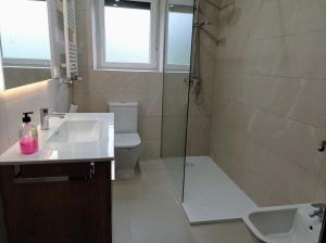 Un baño con inodoro, lavabo y ducha. en Casa Pita, en Bárcena de Cicero 8 fotos más