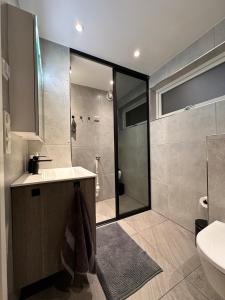 ein Badezimmer mit Dusche, Waschbecken und Toilette in der Unterkunft Kvaloysletta - 2 Bed Apartment - Free Parking in Kvaloysletta
