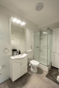 a white bathroom with a toilet and a shower at KAME apartmani 亀 in Novi Sad