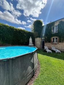 a swimming pool in a yard with a statue at Hôtel Particulier Petit-Decaix in Conty