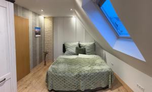 a bedroom with a bed in a small room at Ferienhaus Green Emotion in Suhl +24 photos