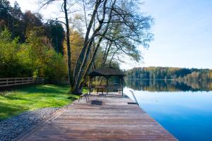 a wooden boardwalk with a gazebo next to a lake at Seehof direkt am See in Seeleiten