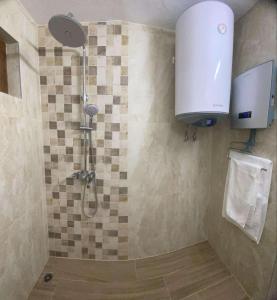 a bathroom with a shower with a toilet at Къща за гости Плами in Tryavna +28 photos
