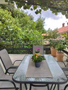 einen Tisch mit einer Topfpflanze auf einer Terrasse in der Unterkunft Nonna Laura Adriatic dream apartment with sea view in Rabac