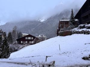 a snow covered hill with houses and a mountain at Appartement Wengen - Charme Alpin in Wengen